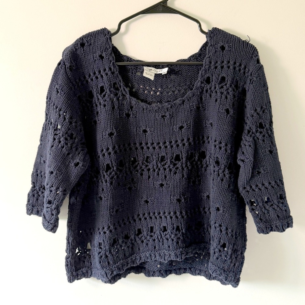Spiegel Vintage Navy Blue Cotton Open Crochet Knit Sweater 3/4 Slv‎ LG Nautical
